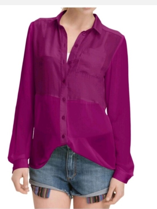 Free People Tops - Free People Best Of Both Worlds 1/2 Sheer Fuchsia Button-Up Blouse EUC Sz XS